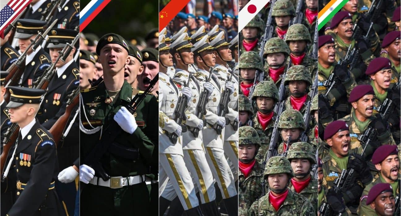 one picture by land during a parade : USA, Russia, China, Japan and India