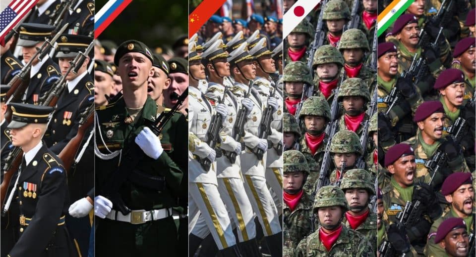 one picture by land during a parade : USA, Russia, China, Japan and India