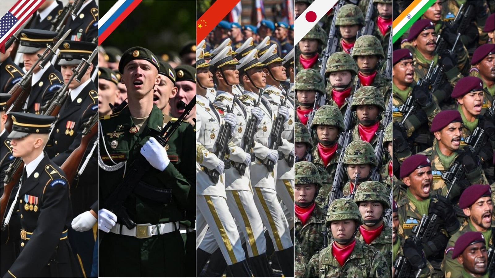 one picture by land during a parade : USA, Russia, China, Japan and India