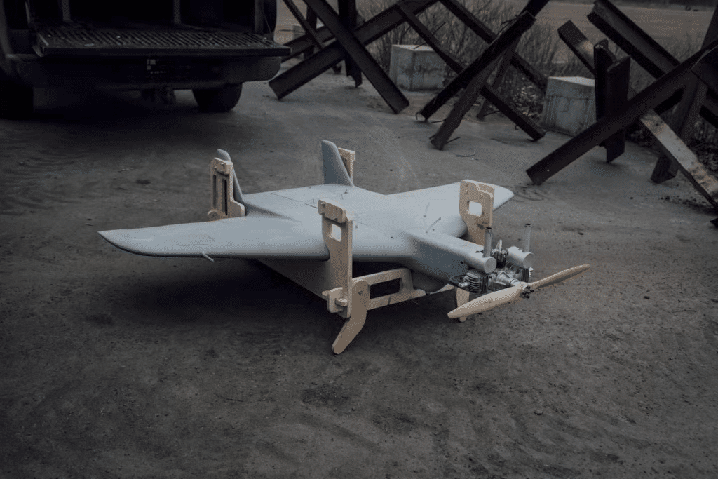 Rubaka kamikaze drone on a wooden stand on the floor