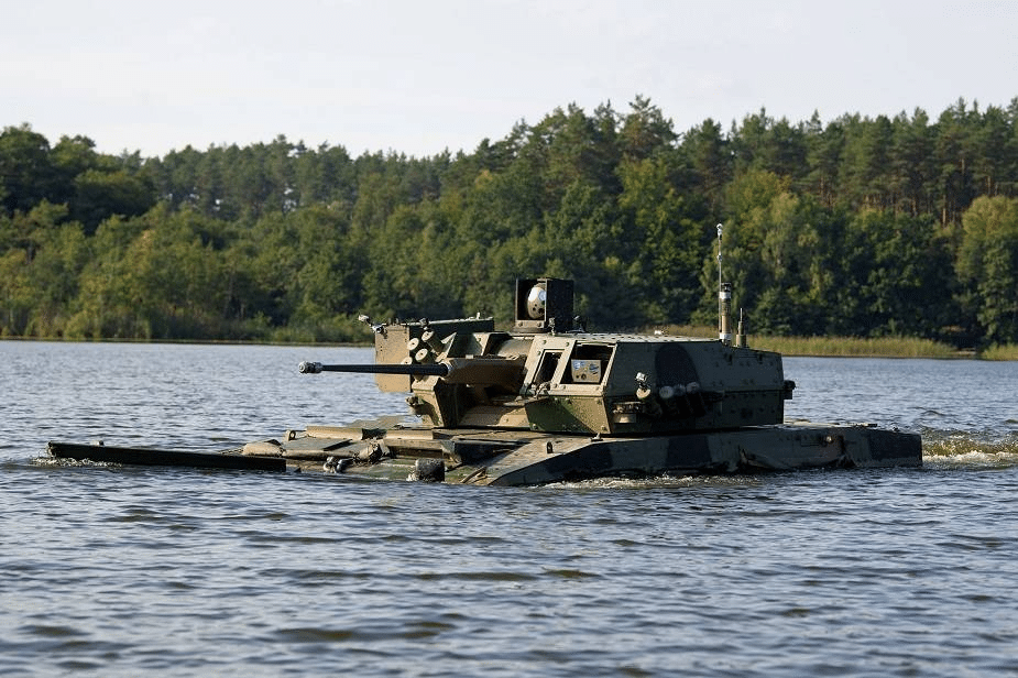 Borsuk combat vehicle in a river